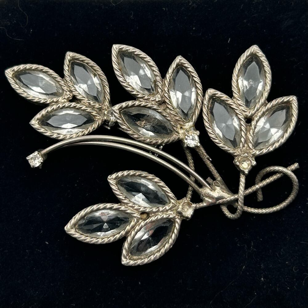 Large Floral Leaf Brooch Silver Tone 3" Pin Clear Open Back Crystals Rhinestones